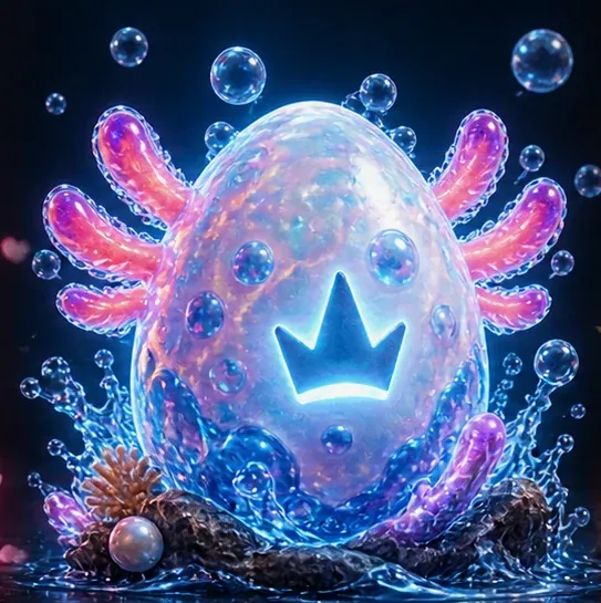 Axo egg — iridescent bubble shell with axolotl gills, glowing crown