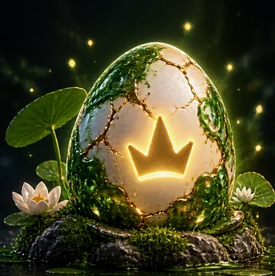 Pepe egg — cracked white shell wrapped in moss, glowing golden crown