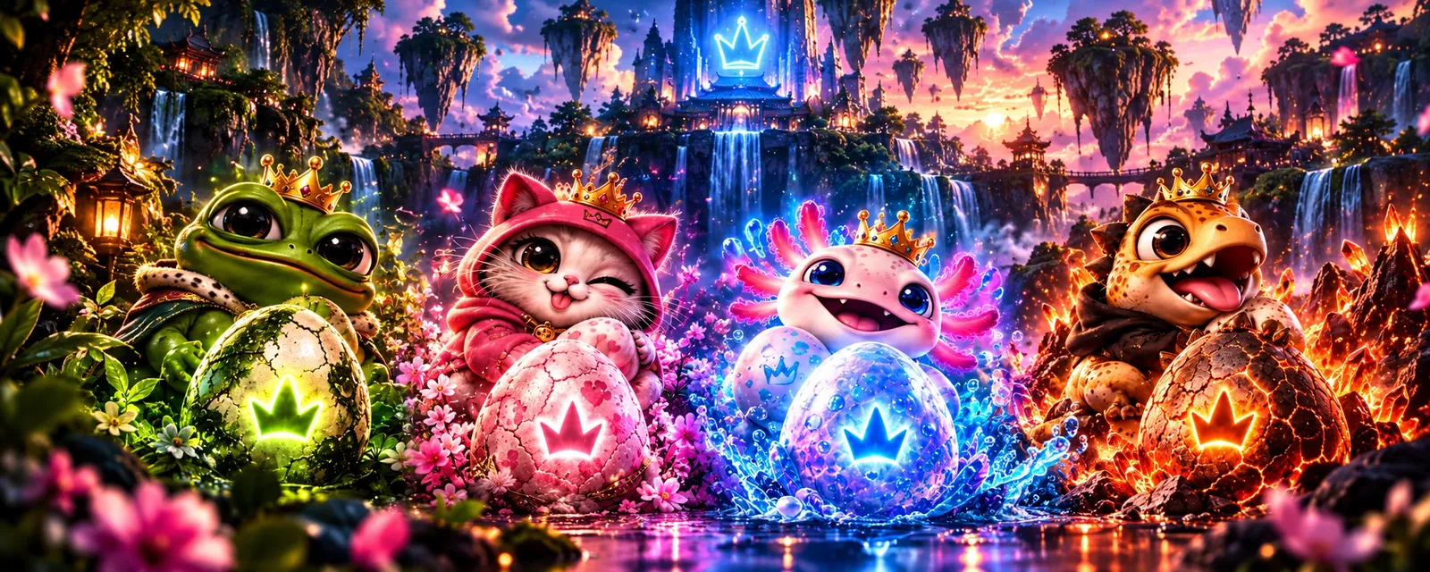 Mother Pepe, Mother Cat, Mother Axo and Mother Dino, each crowned and sitting behind her glowing egg